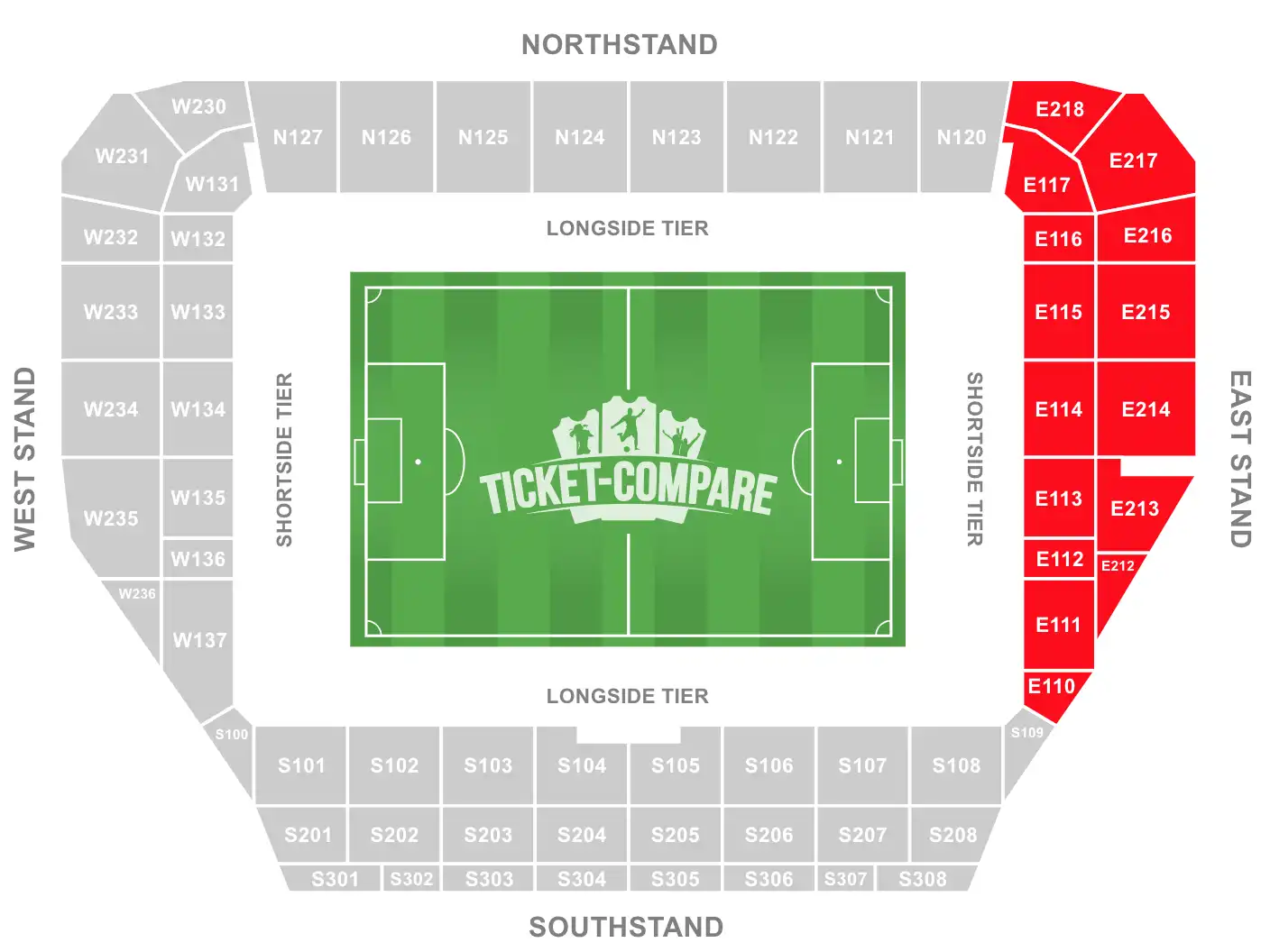 Community Stadium Seating Plan med fremhævet østtribune