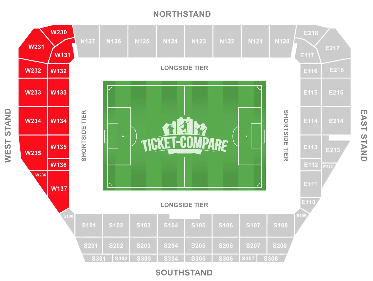 Community Stadium Seating Plan med fremhævet vesttribune